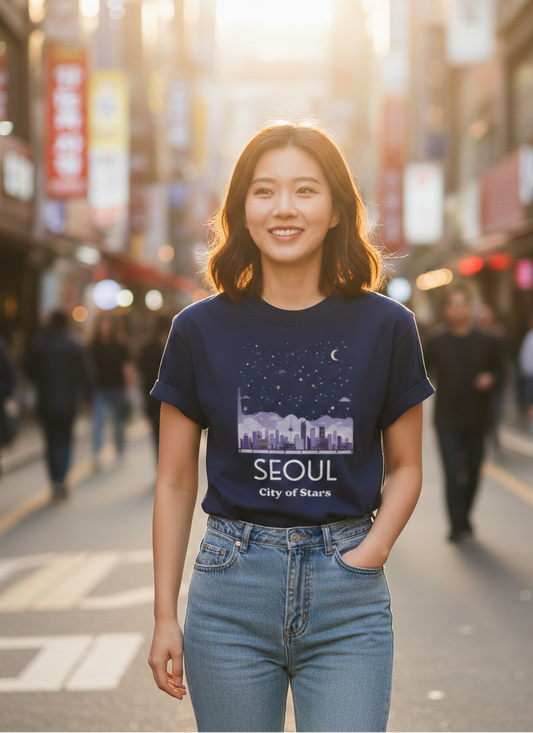Woman wearing a t-shirt with 'Seoul City of Stars' design on a city street.