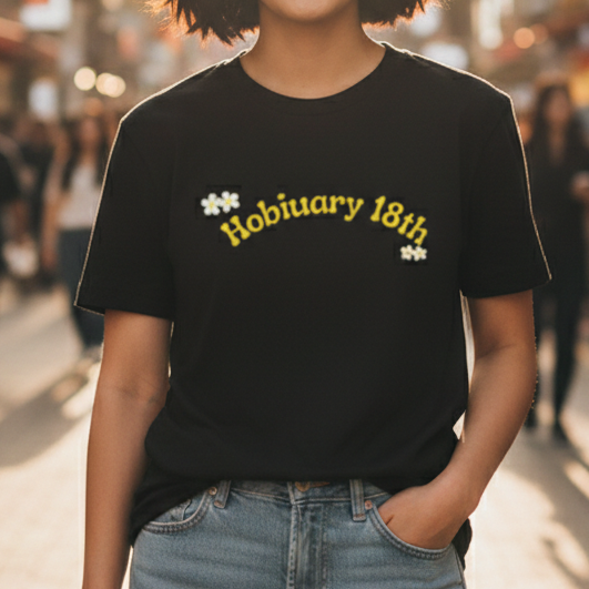 Person wearing a black t-shirt with text on a city street