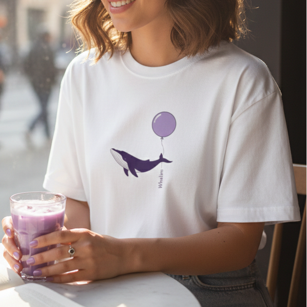 Woman sitting at a table holding a purple smoothie, wearing a white t-shirt with a graphic design.