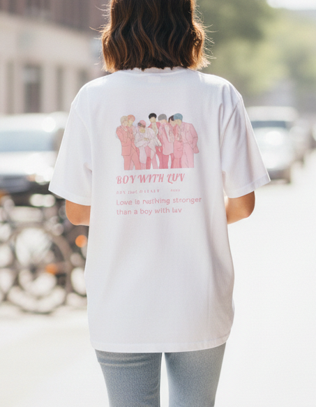 Person wearing a white t-shirt with a graphic design walking on a city street.