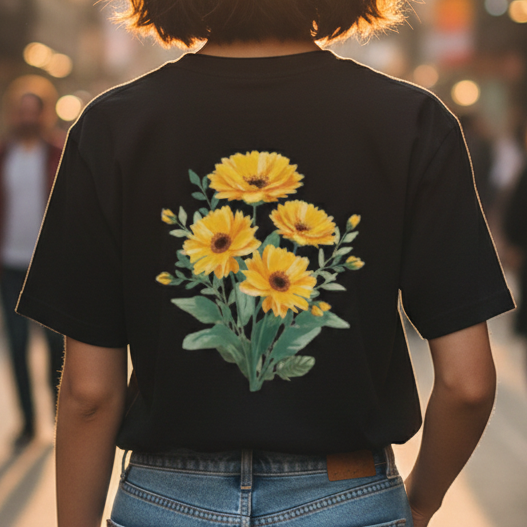 Person wearing a black t-shirt with yellow floral design on a city street at sunset.